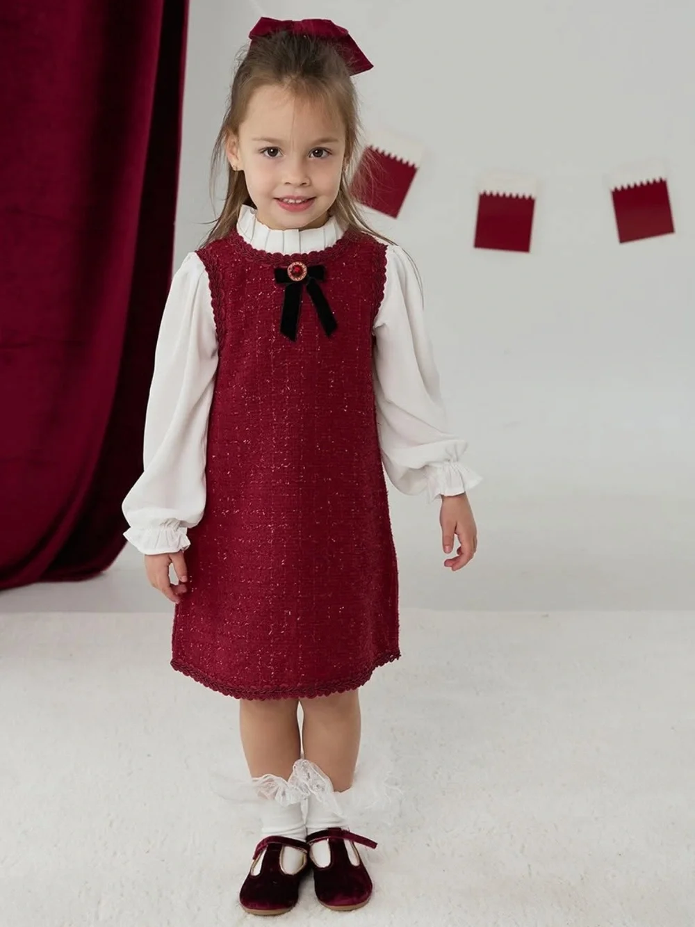 Luxelim Girls Burgundy Tweed Pinafore Dress with Velvet Bow Accent